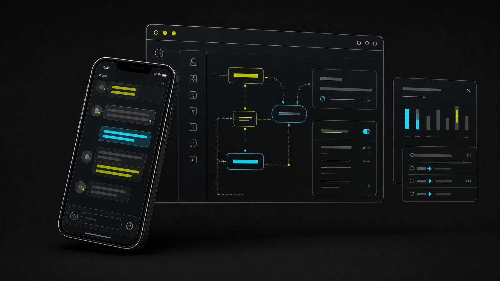 Composição abstrata de aplicativo, automação e painel web desenvolvidos pela Inowa
