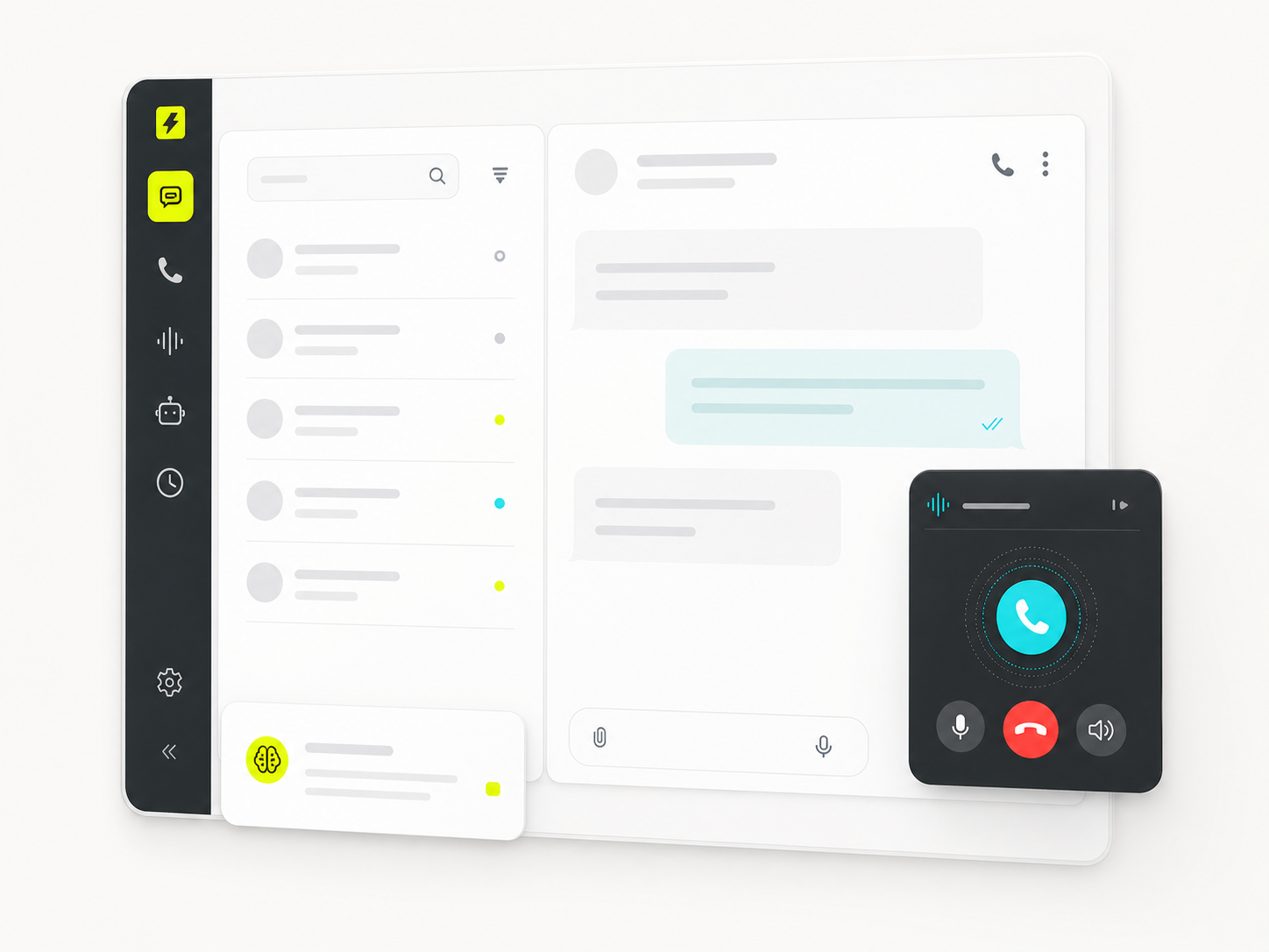 Painel abstrato do UltraZap com atendimento, Lídia e módulo de ligações UltraVoIP